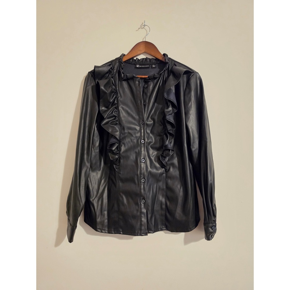 NY&C Faux Leather Top Women L Black Ruffle Button Down Chic Trendy Blouse